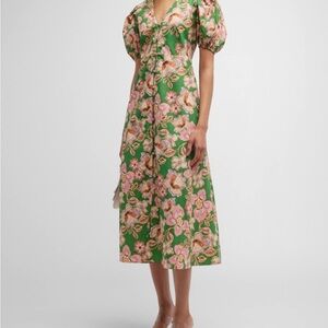 MISA Los Angeles Betty Puff Sleeve Floral Cotton V-neck Midi Dress